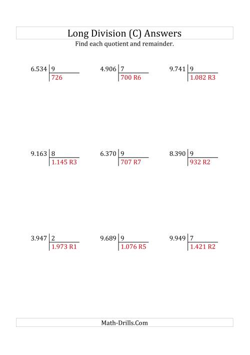 The European Long Division with a 1-Digit Divisor and a 4-Digit Dividend with Remainders (C) Math Worksheet Page 2