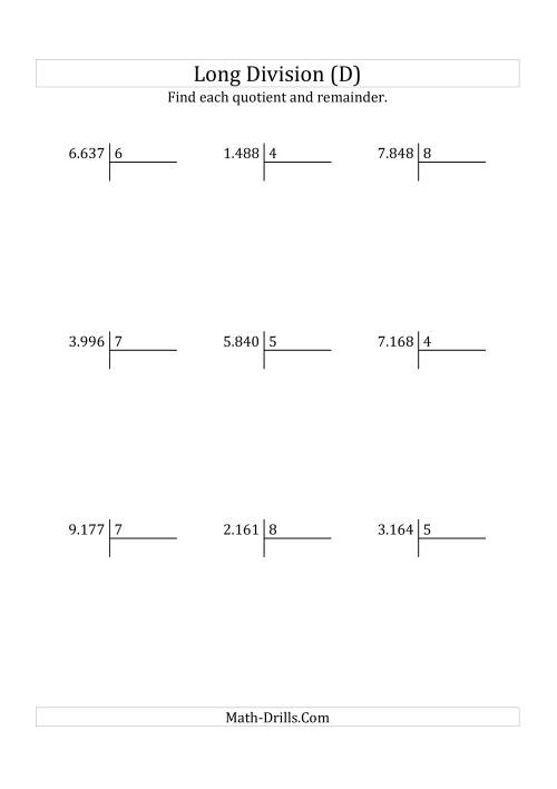 The European Long Division with a 1-Digit Divisor and a 4-Digit Dividend with Remainders (D) Math Worksheet