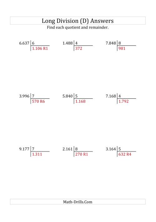 The European Long Division with a 1-Digit Divisor and a 4-Digit Dividend with Remainders (D) Math Worksheet Page 2