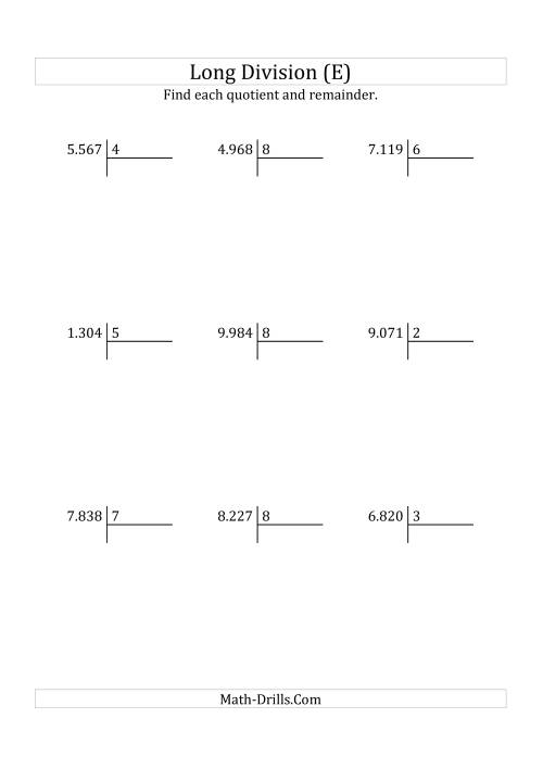 The European Long Division with a 1-Digit Divisor and a 4-Digit Dividend with Remainders (E) Math Worksheet
