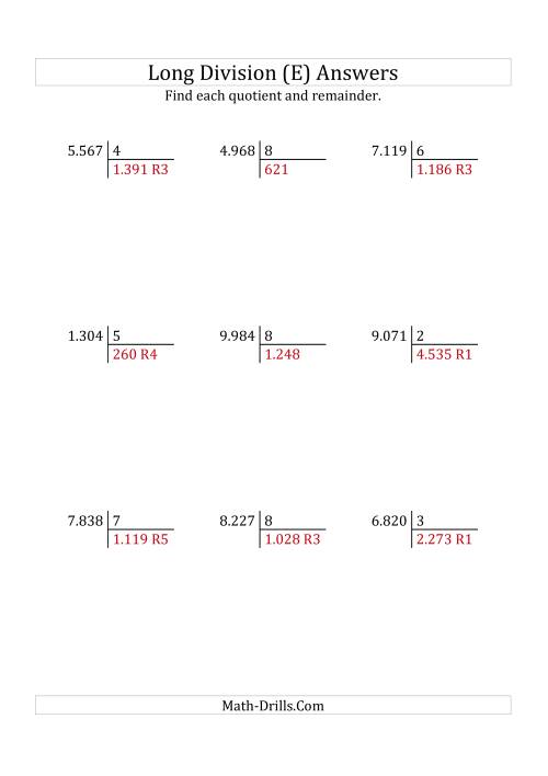 The European Long Division with a 1-Digit Divisor and a 4-Digit Dividend with Remainders (E) Math Worksheet Page 2