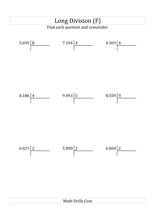 The European Long Division with a 1-Digit Divisor and a 4-Digit Dividend with Remainders (F) Math Worksheet
