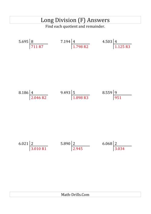 The European Long Division with a 1-Digit Divisor and a 4-Digit Dividend with Remainders (F) Math Worksheet Page 2