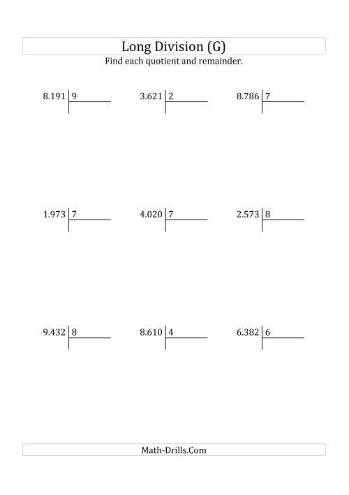 The European Long Division with a 1-Digit Divisor and a 4-Digit Dividend with Remainders (G) Math Worksheet