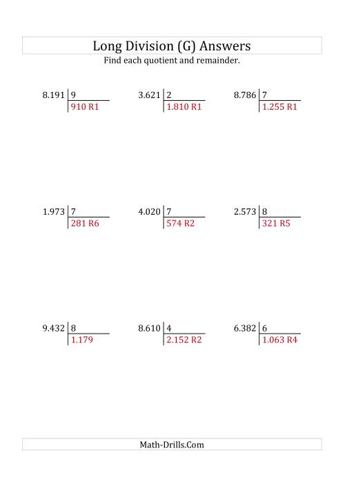 The European Long Division with a 1-Digit Divisor and a 4-Digit Dividend with Remainders (G) Math Worksheet Page 2