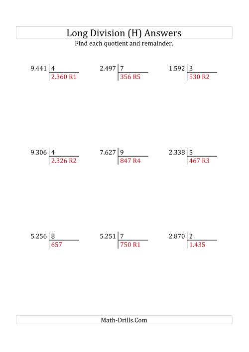 The European Long Division with a 1-Digit Divisor and a 4-Digit Dividend with Remainders (H) Math Worksheet Page 2
