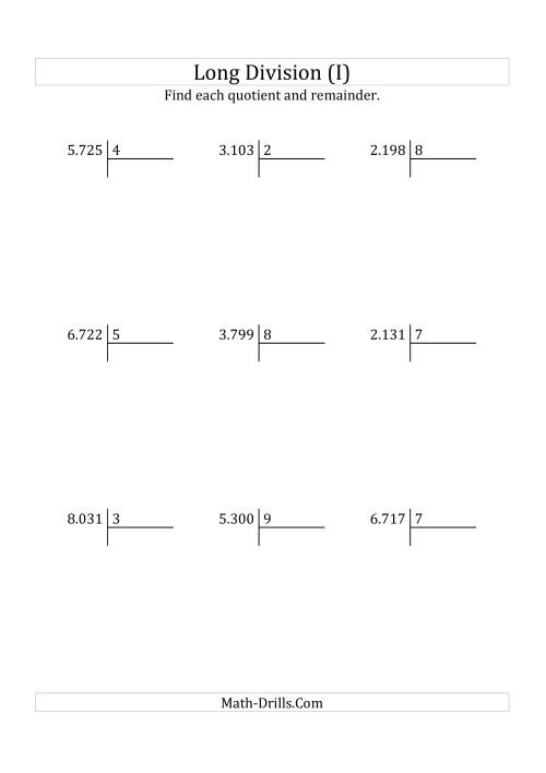 The European Long Division with a 1-Digit Divisor and a 4-Digit Dividend with Remainders (I) Math Worksheet