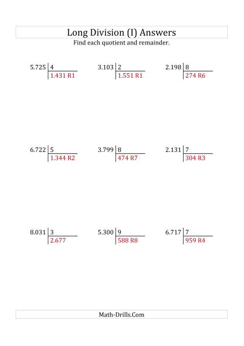 The European Long Division with a 1-Digit Divisor and a 4-Digit Dividend with Remainders (I) Math Worksheet Page 2