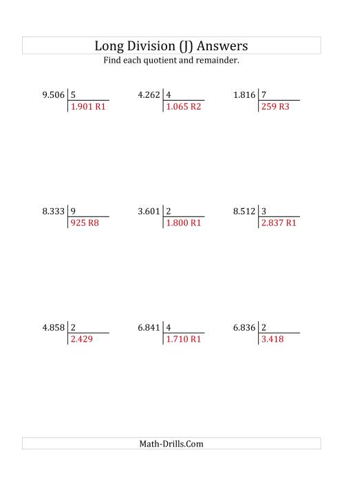 The European Long Division with a 1-Digit Divisor and a 4-Digit Dividend with Remainders (J) Math Worksheet Page 2