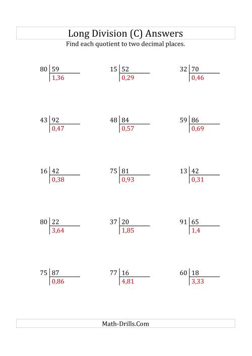 The European Long Division with a 2-Digit Divisor and a 2-Digit Dividend with Decimal Quotients (C) Math Worksheet Page 2