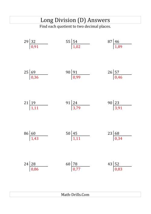 The European Long Division with a 2-Digit Divisor and a 2-Digit Dividend with Decimal Quotients (D) Math Worksheet Page 2