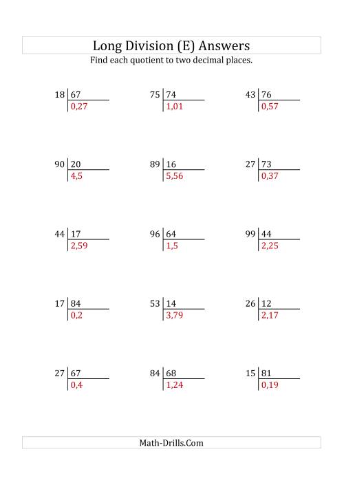 The European Long Division with a 2-Digit Divisor and a 2-Digit Dividend with Decimal Quotients (E) Math Worksheet Page 2
