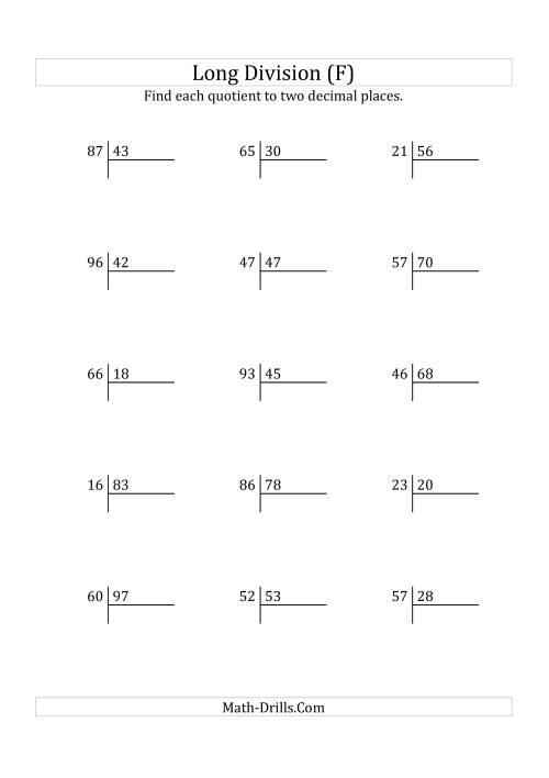 The European Long Division with a 2-Digit Divisor and a 2-Digit Dividend with Decimal Quotients (F) Math Worksheet