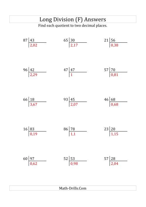 The European Long Division with a 2-Digit Divisor and a 2-Digit Dividend with Decimal Quotients (F) Math Worksheet Page 2