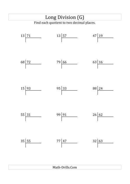 The European Long Division with a 2-Digit Divisor and a 2-Digit Dividend with Decimal Quotients (G) Math Worksheet