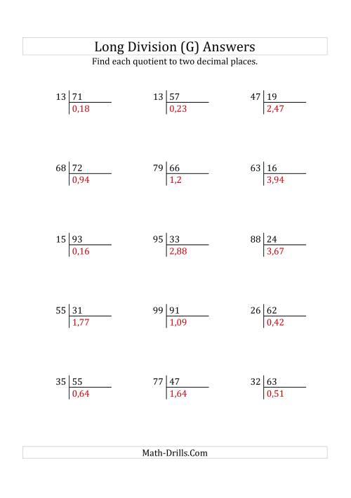 The European Long Division with a 2-Digit Divisor and a 2-Digit Dividend with Decimal Quotients (G) Math Worksheet Page 2