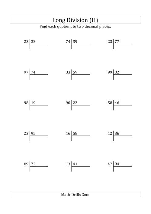 The European Long Division with a 2-Digit Divisor and a 2-Digit Dividend with Decimal Quotients (H) Math Worksheet
