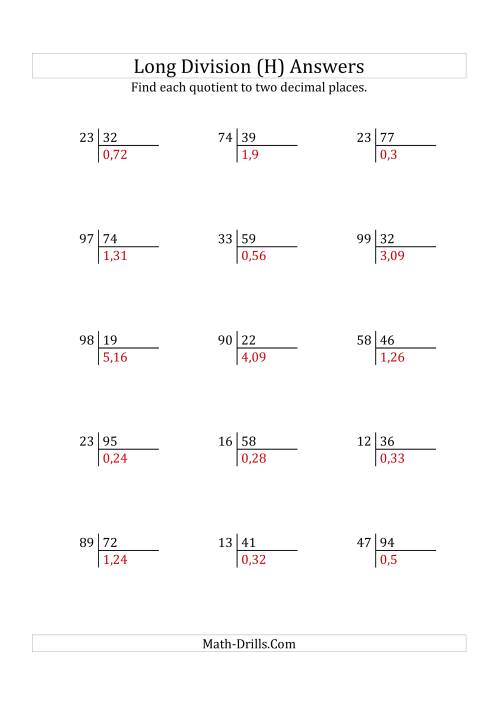 The European Long Division with a 2-Digit Divisor and a 2-Digit Dividend with Decimal Quotients (H) Math Worksheet Page 2