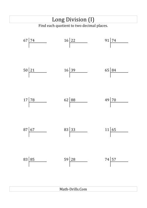 The European Long Division with a 2-Digit Divisor and a 2-Digit Dividend with Decimal Quotients (I) Math Worksheet