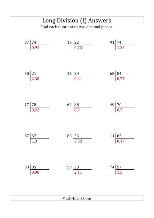 The European Long Division with a 2-Digit Divisor and a 2-Digit Dividend with Decimal Quotients (I) Math Worksheet Page 2
