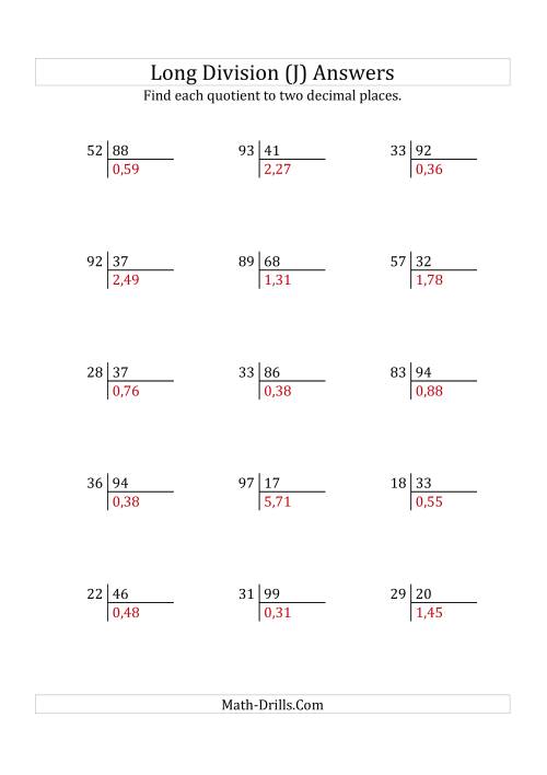The European Long Division with a 2-Digit Divisor and a 2-Digit Dividend with Decimal Quotients (J) Math Worksheet Page 2