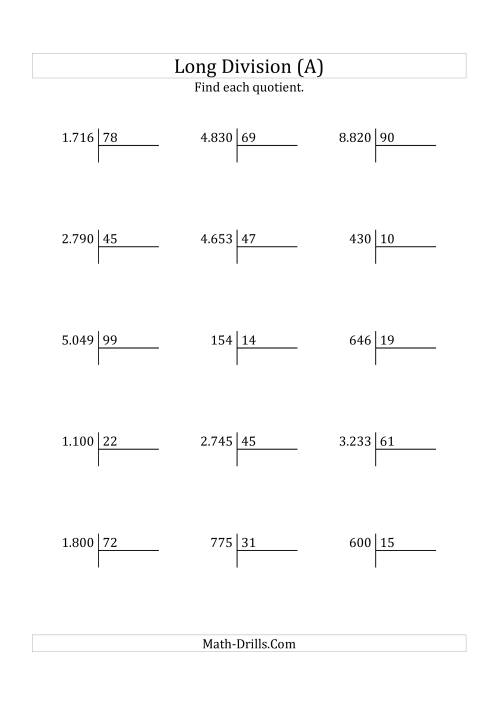 The European Long Division with a 2-Digit Divisor and a 2-Digit Quotient with No Remainders (A) Math Worksheet