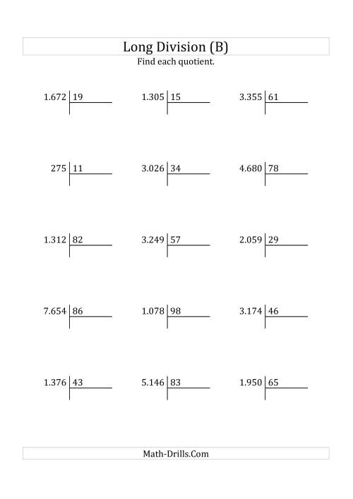 The European Long Division with a 2-Digit Divisor and a 2-Digit Quotient with No Remainders (B) Math Worksheet