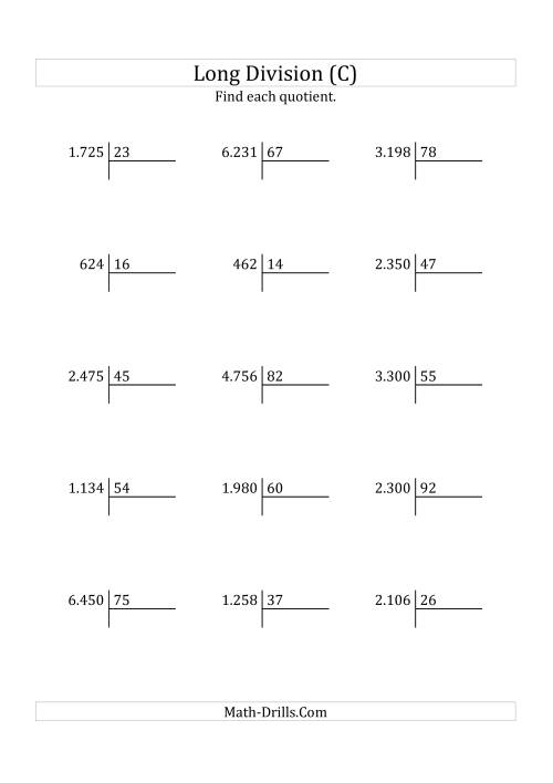 The European Long Division with a 2-Digit Divisor and a 2-Digit Quotient with No Remainders (C) Math Worksheet