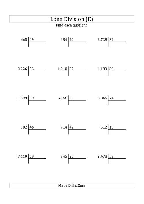 The European Long Division with a 2-Digit Divisor and a 2-Digit Quotient with No Remainders (E) Math Worksheet