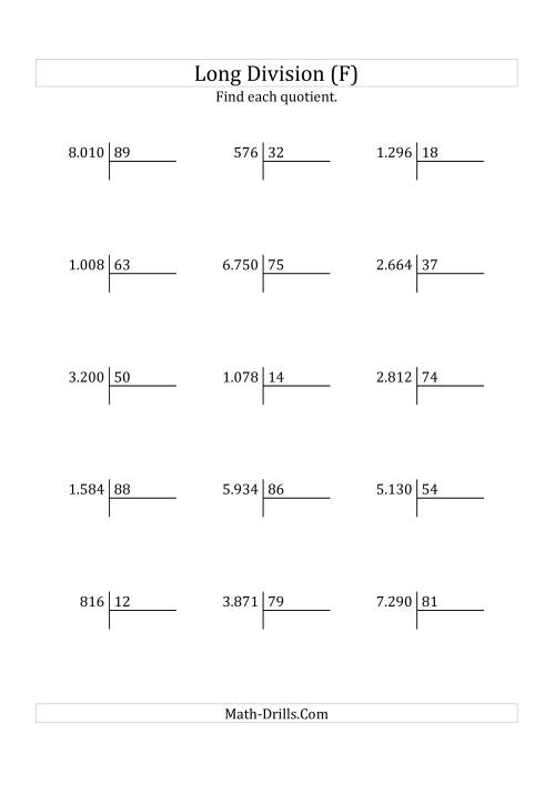 The European Long Division with a 2-Digit Divisor and a 2-Digit Quotient with No Remainders (F) Math Worksheet