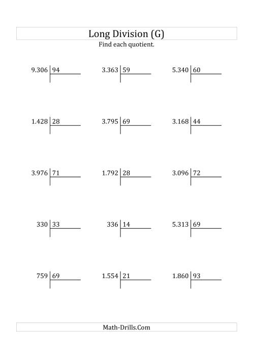 The European Long Division with a 2-Digit Divisor and a 2-Digit Quotient with No Remainders (G) Math Worksheet
