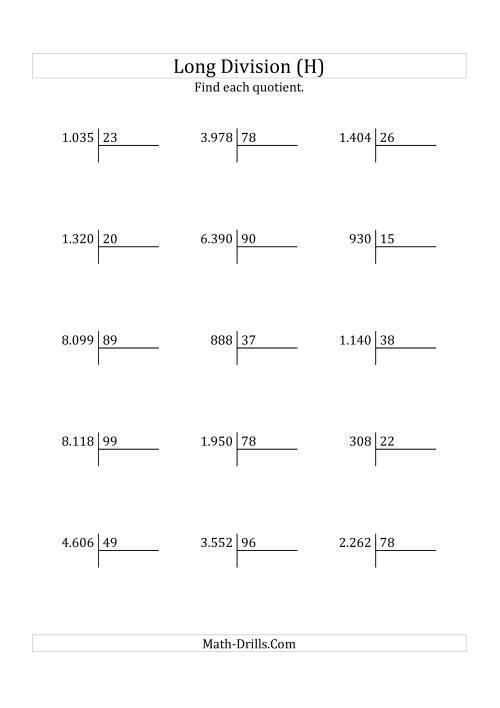 The European Long Division with a 2-Digit Divisor and a 2-Digit Quotient with No Remainders (H) Math Worksheet