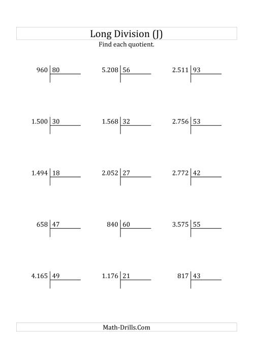 The European Long Division with a 2-Digit Divisor and a 2-Digit Quotient with No Remainders (J) Math Worksheet