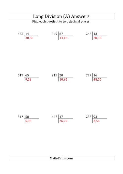 The European Long Division with a 2-Digit Divisor and a 3-Digit Dividend with Decimal Quotients (A) Math Worksheet Page 2
