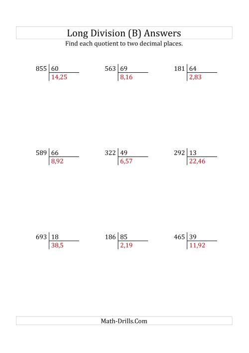 The European Long Division with a 2-Digit Divisor and a 3-Digit Dividend with Decimal Quotients (B) Math Worksheet Page 2