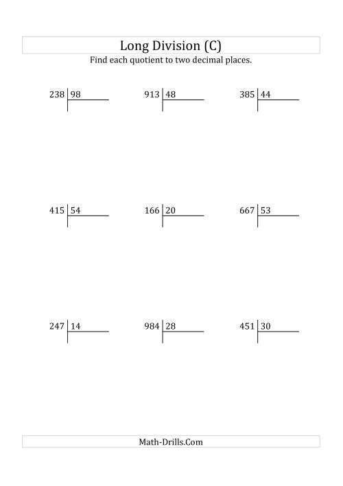 The European Long Division with a 2-Digit Divisor and a 3-Digit Dividend with Decimal Quotients (C) Math Worksheet