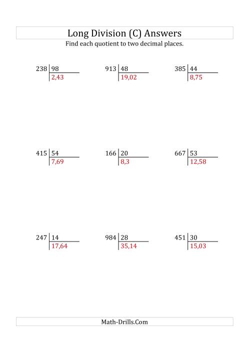 The European Long Division with a 2-Digit Divisor and a 3-Digit Dividend with Decimal Quotients (C) Math Worksheet Page 2