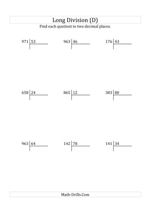 The European Long Division with a 2-Digit Divisor and a 3-Digit Dividend with Decimal Quotients (D) Math Worksheet