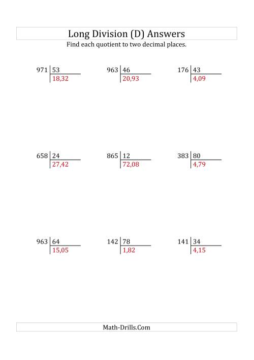 The European Long Division with a 2-Digit Divisor and a 3-Digit Dividend with Decimal Quotients (D) Math Worksheet Page 2