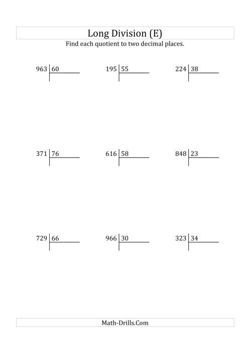 The European Long Division with a 2-Digit Divisor and a 3-Digit Dividend with Decimal Quotients (E) Math Worksheet