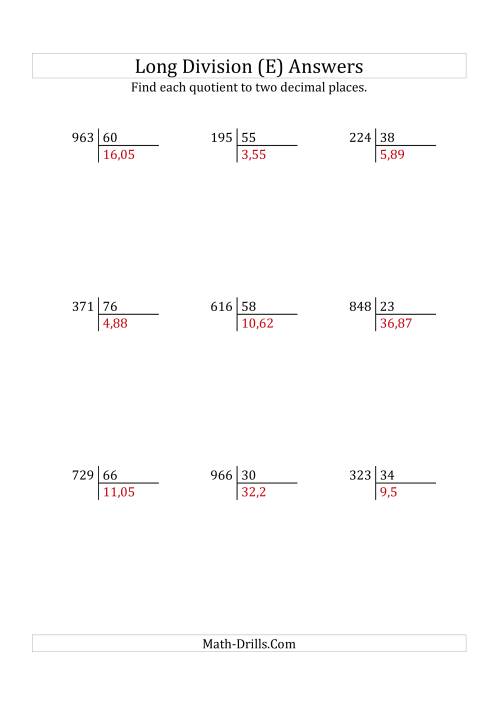 The European Long Division with a 2-Digit Divisor and a 3-Digit Dividend with Decimal Quotients (E) Math Worksheet Page 2