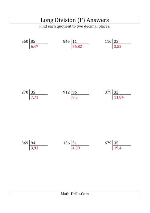 The European Long Division with a 2-Digit Divisor and a 3-Digit Dividend with Decimal Quotients (F) Math Worksheet Page 2