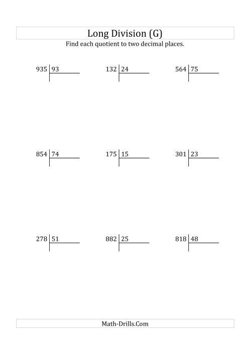 The European Long Division with a 2-Digit Divisor and a 3-Digit Dividend with Decimal Quotients (G) Math Worksheet