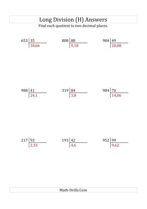The European Long Division with a 2-Digit Divisor and a 3-Digit Dividend with Decimal Quotients (H) Math Worksheet Page 2