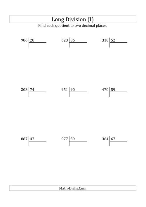 The European Long Division with a 2-Digit Divisor and a 3-Digit Dividend with Decimal Quotients (I) Math Worksheet