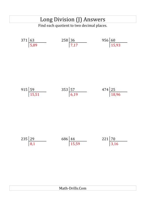 The European Long Division with a 2-Digit Divisor and a 3-Digit Dividend with Decimal Quotients (J) Math Worksheet Page 2