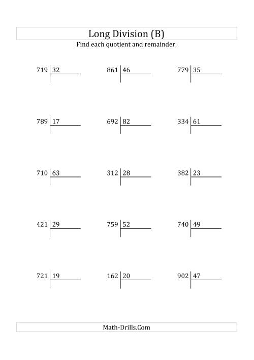The European Long Division with a 2-Digit Divisor and a 3-Digit Dividend with Remainders (B) Math Worksheet