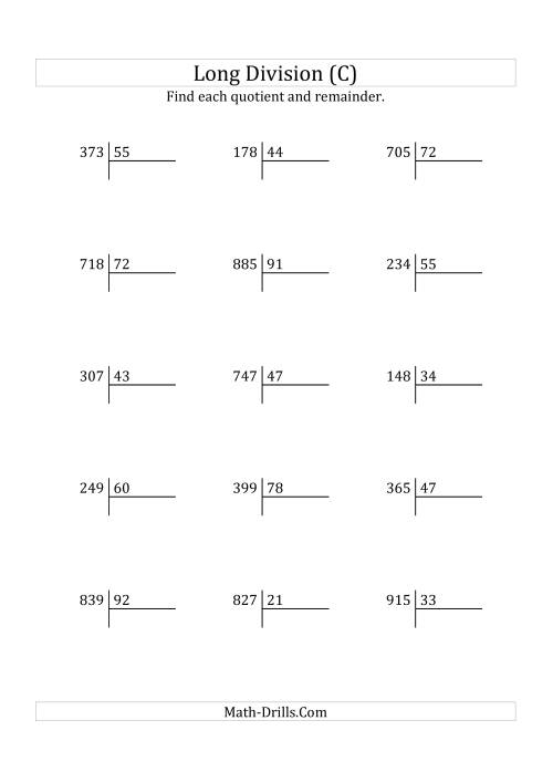 The European Long Division with a 2-Digit Divisor and a 3-Digit Dividend with Remainders (C) Math Worksheet