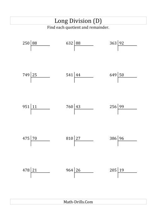 The European Long Division with a 2-Digit Divisor and a 3-Digit Dividend with Remainders (D) Math Worksheet