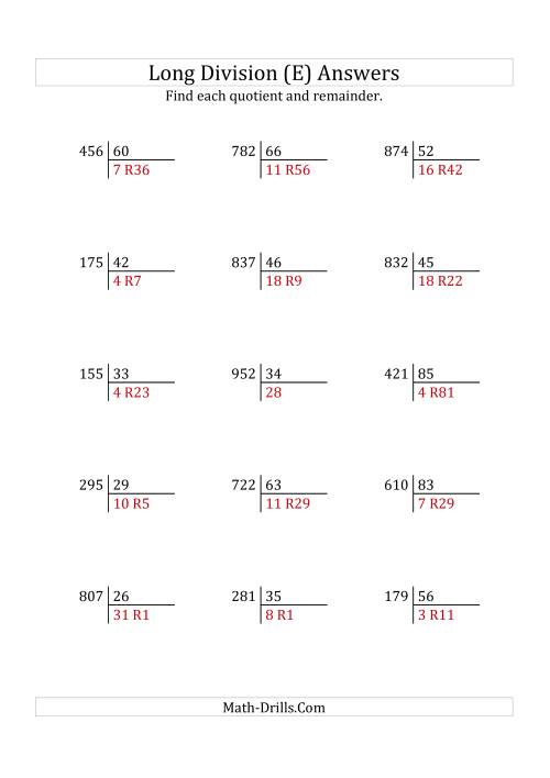 The European Long Division with a 2-Digit Divisor and a 3-Digit Dividend with Remainders (E) Math Worksheet Page 2